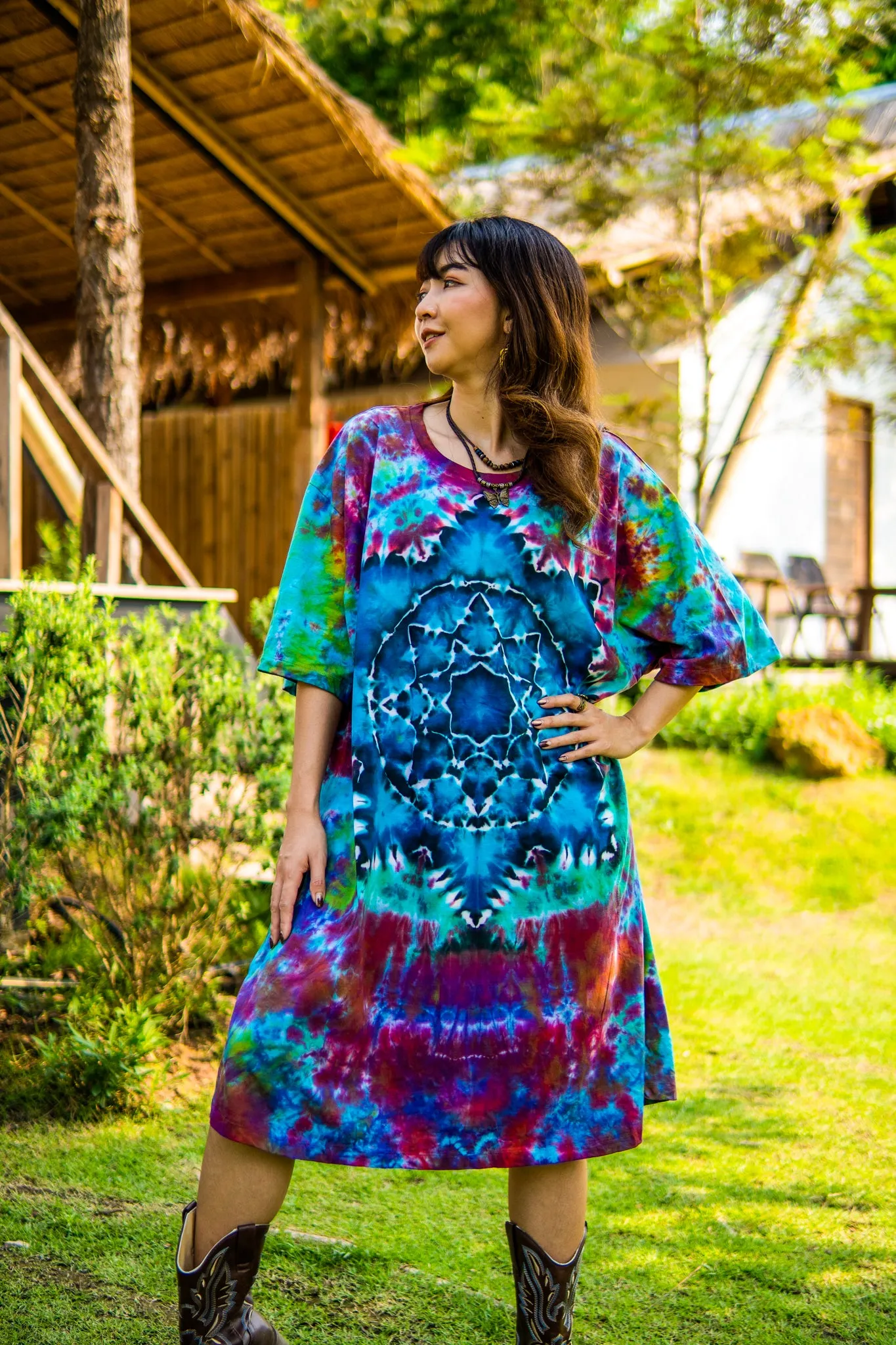 Enchanted Lotus Hand Dyed Boho Cotton Dress with Pockets