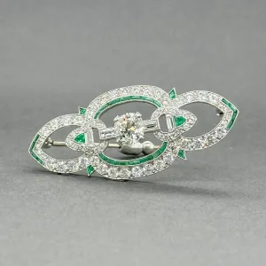 Estate Art Deco Platinum 2.16ctw Diamond & 0.38ctw Emerald Brooch