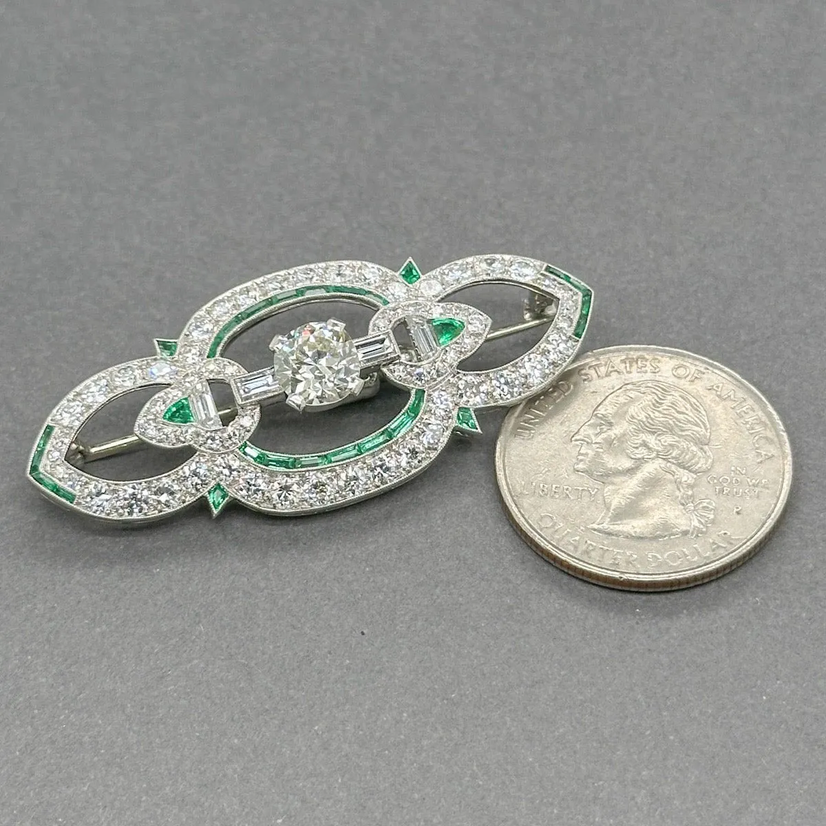 Estate Art Deco Platinum 2.16ctw Diamond & 0.38ctw Emerald Brooch