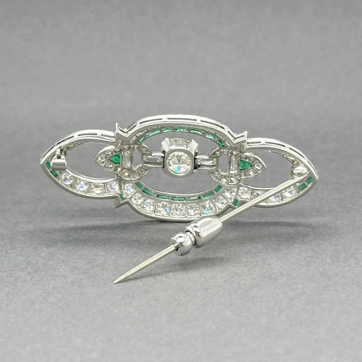 Estate Art Deco Platinum 2.16ctw Diamond & 0.38ctw Emerald Brooch