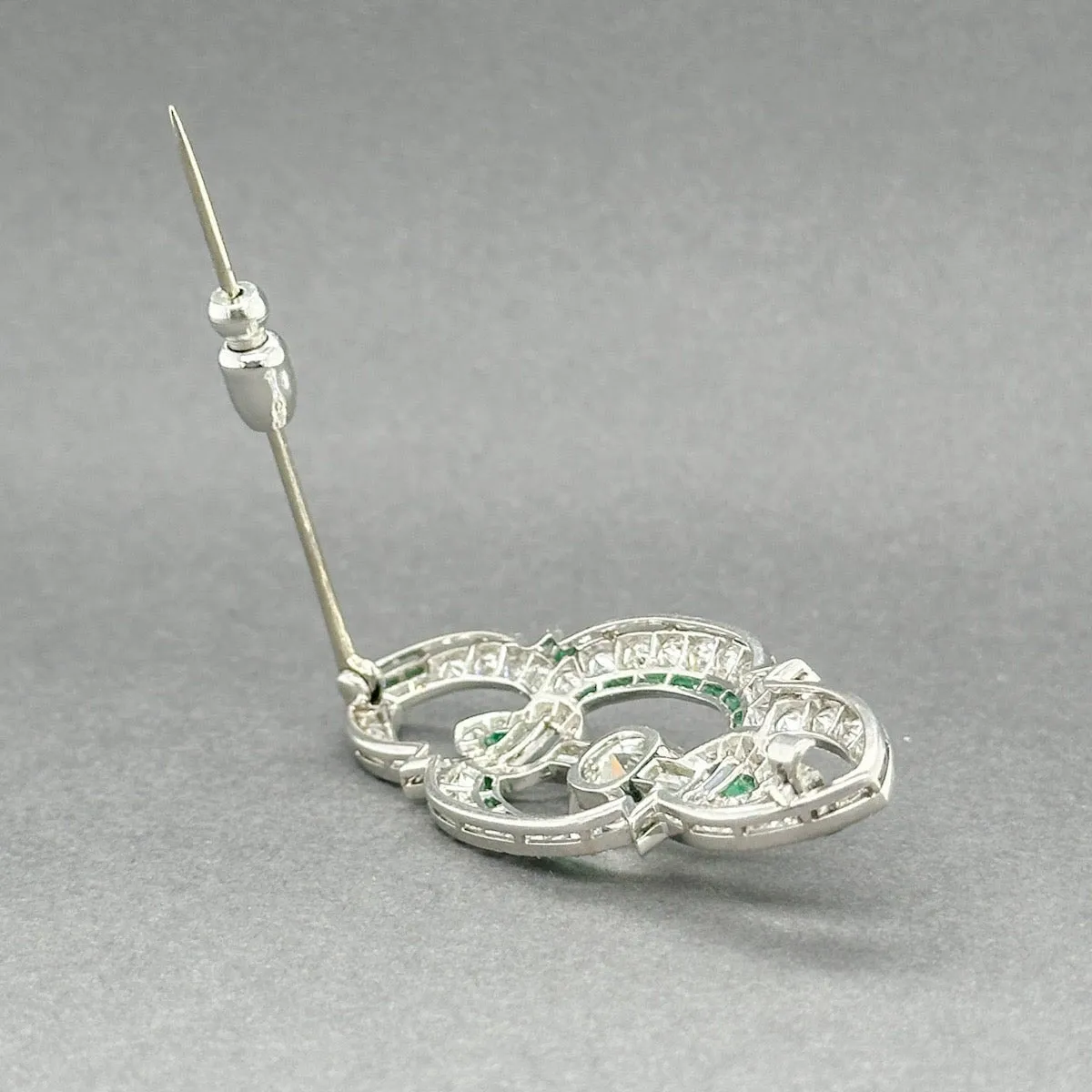 Estate Art Deco Platinum 2.16ctw Diamond & 0.38ctw Emerald Brooch