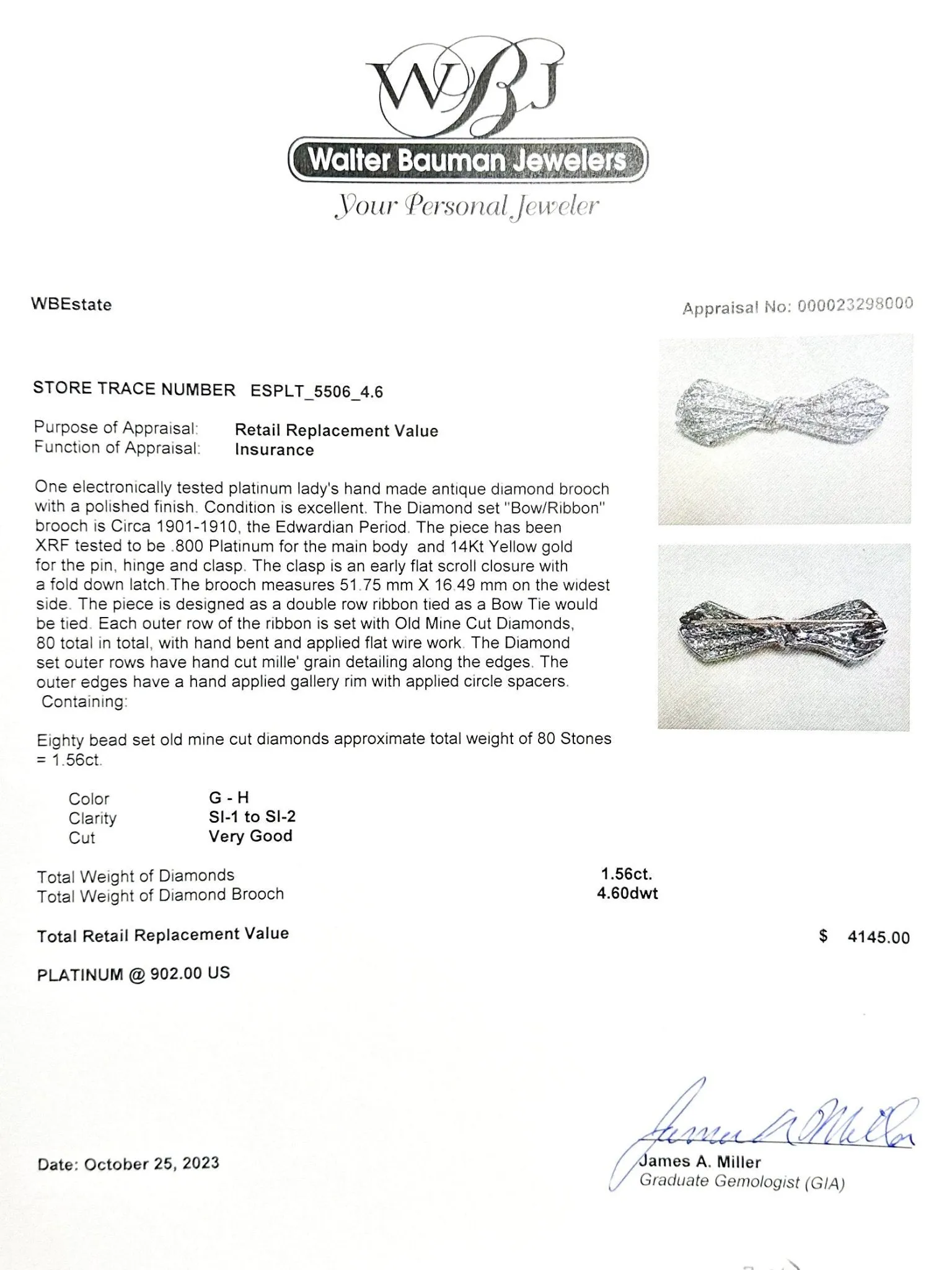 Estate Edwardian Platinum 1.56cttw G-H/SI1-2 Diamond Bow Pin