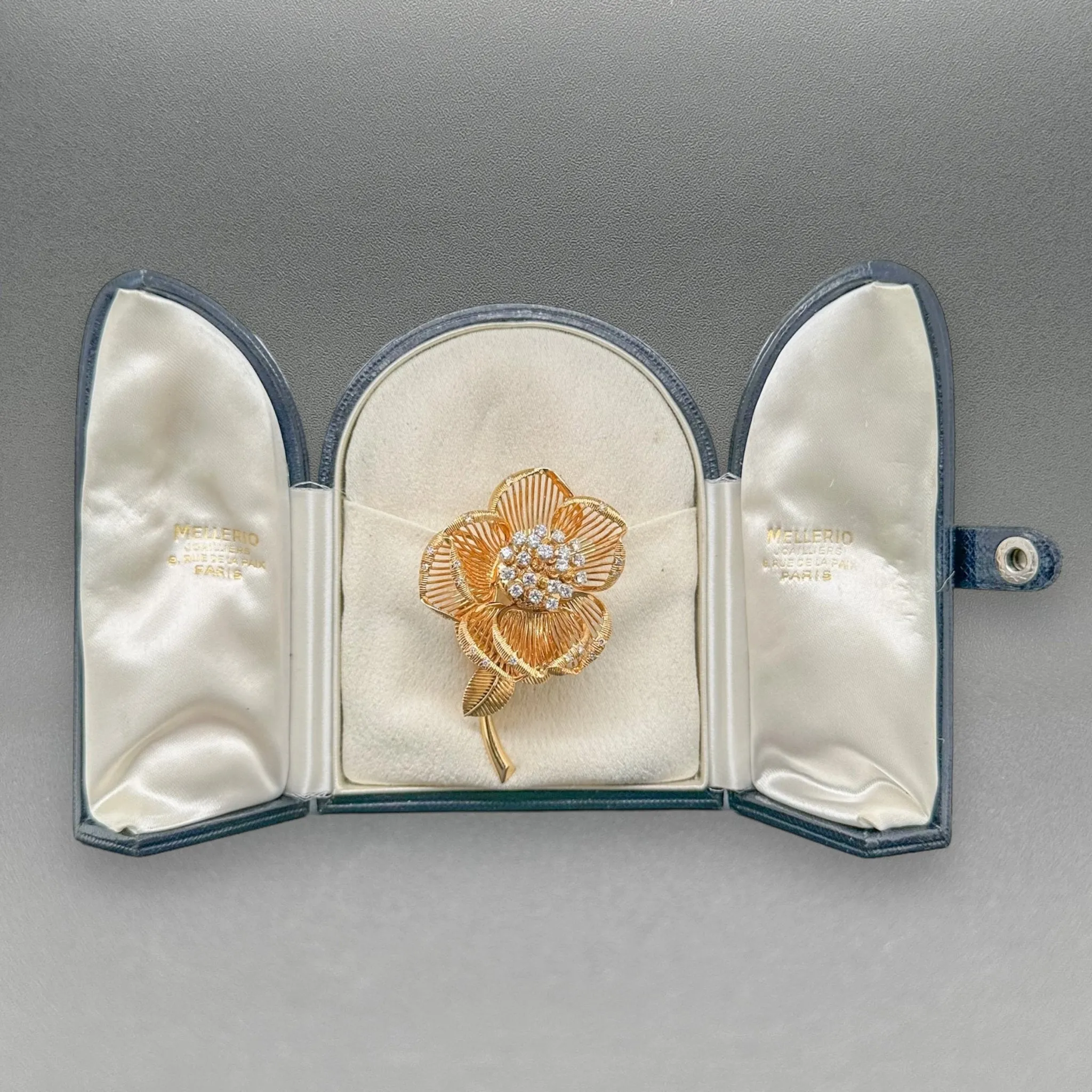 Estate Mellerio Edwardian 18K Y Gold 1.58cttw Diamond Rose Brooch