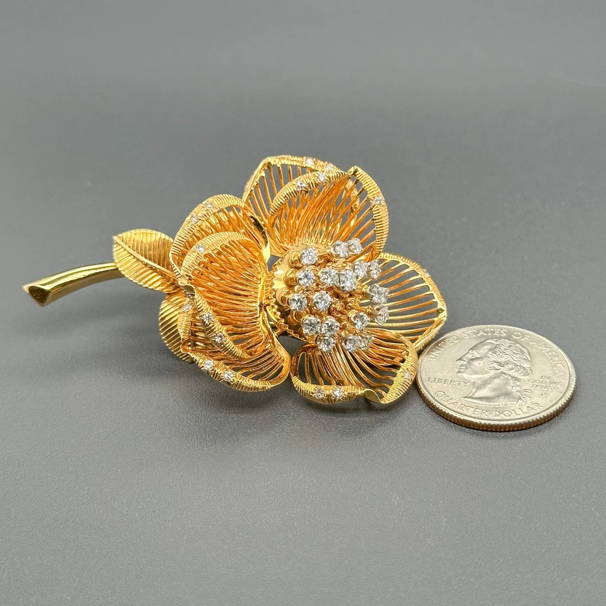Estate Mellerio Edwardian 18K Y Gold 1.58cttw Diamond Rose Brooch