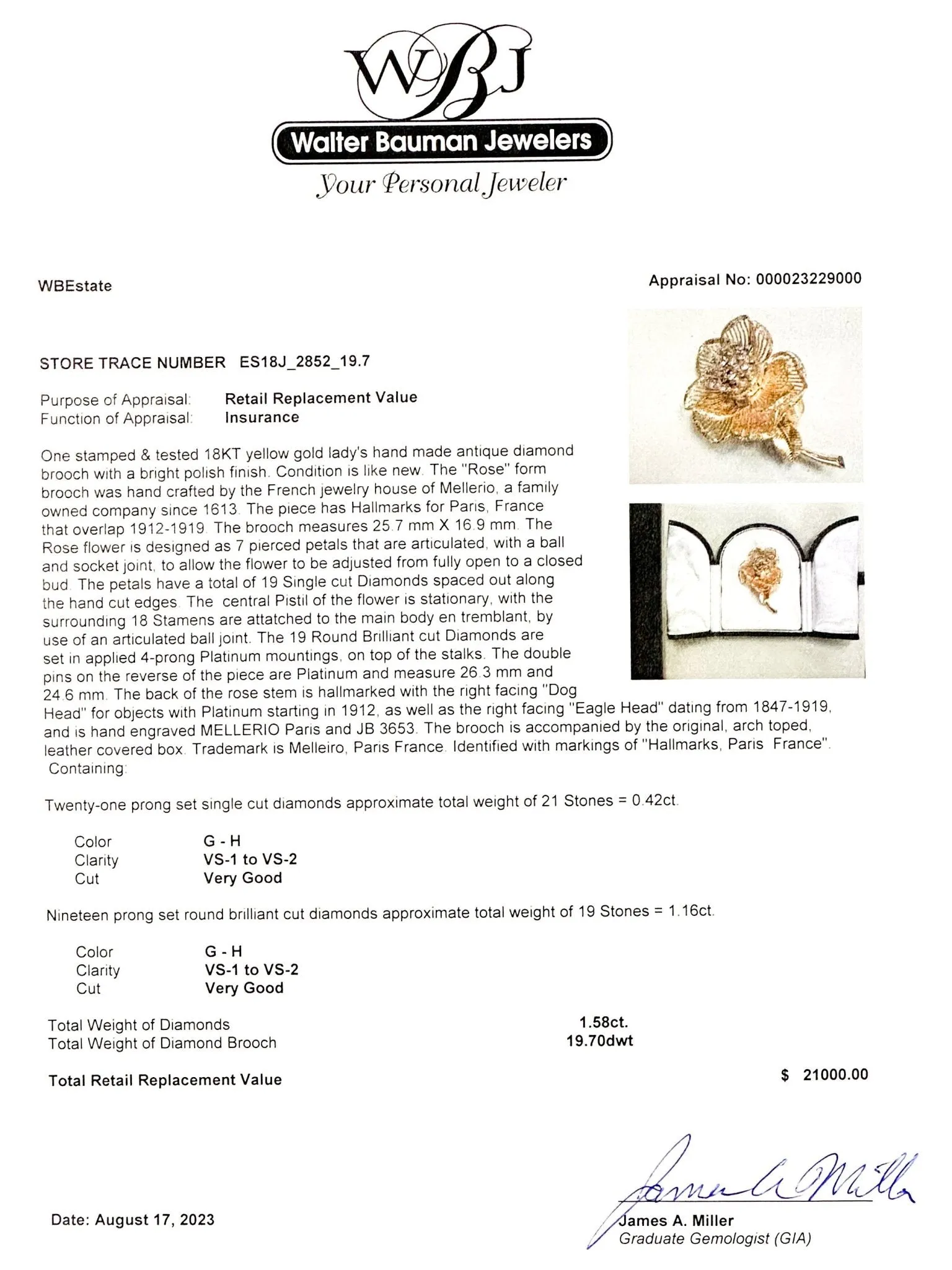 Estate Mellerio Edwardian 18K Y Gold 1.58cttw Diamond Rose Brooch