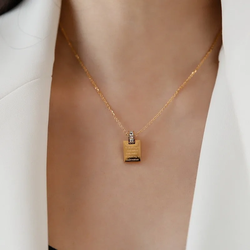 Fashion Stainless Steel Letter Square Necklace Simple Zircon Necklace Women