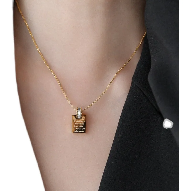 Fashion Stainless Steel Letter Square Necklace Simple Zircon Necklace Women