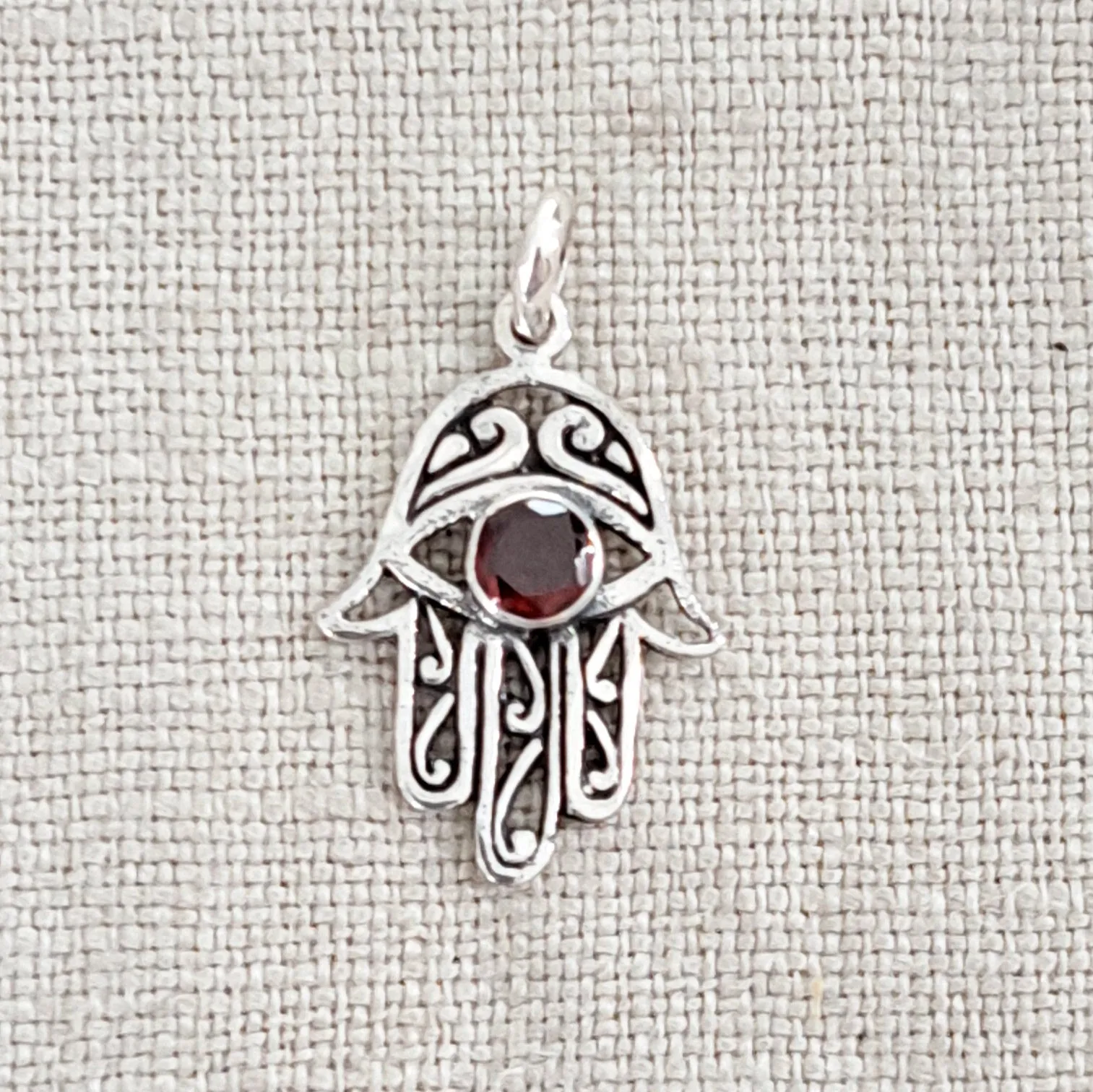 Garnet Hamsa .925 Sterling Silver Pendant from Bali