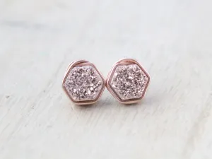 Gilded Hexagon Druzy Studs - Rose Gold