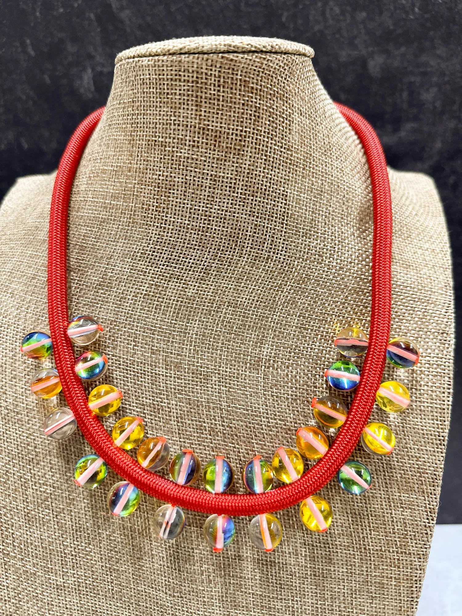 Glass Beads on Cord Necklace, Red