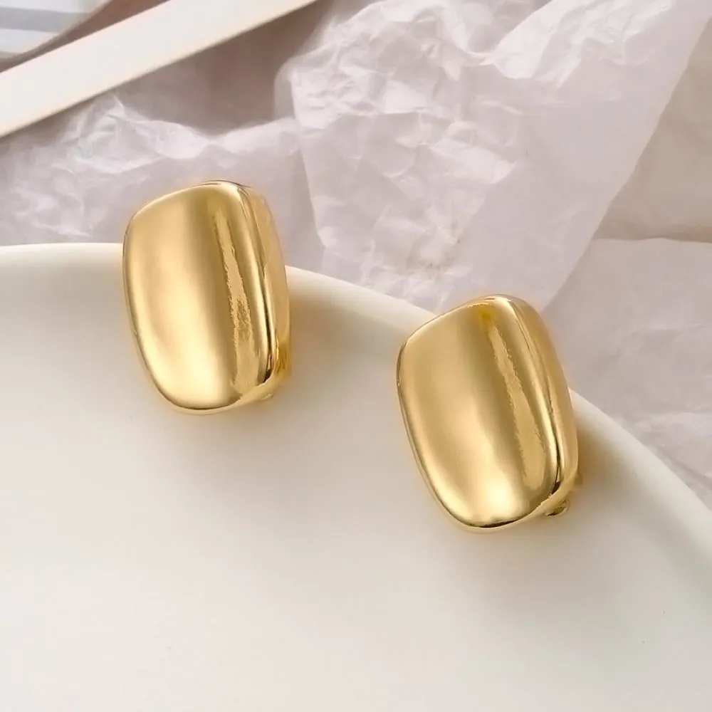 Gold Concave Rectangle Clip On Stud Earrings