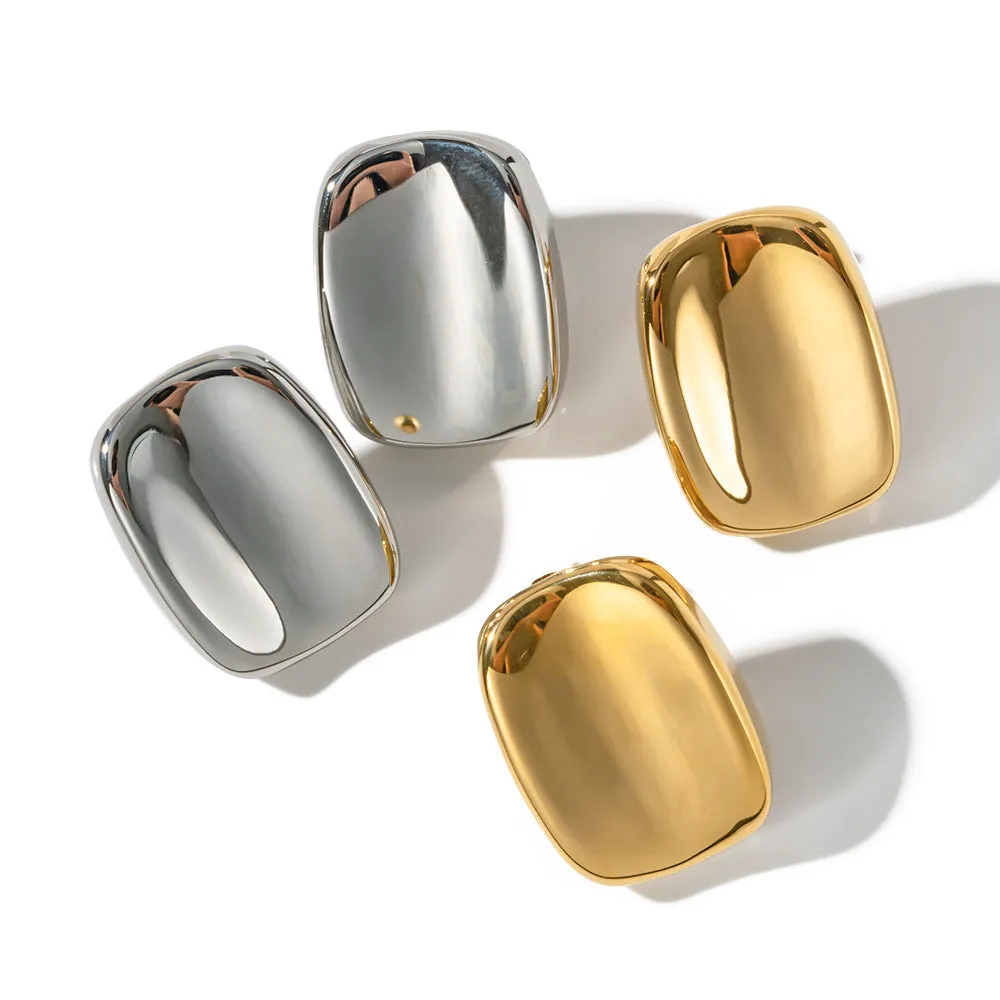 Gold Concave Rectangle Clip On Stud Earrings