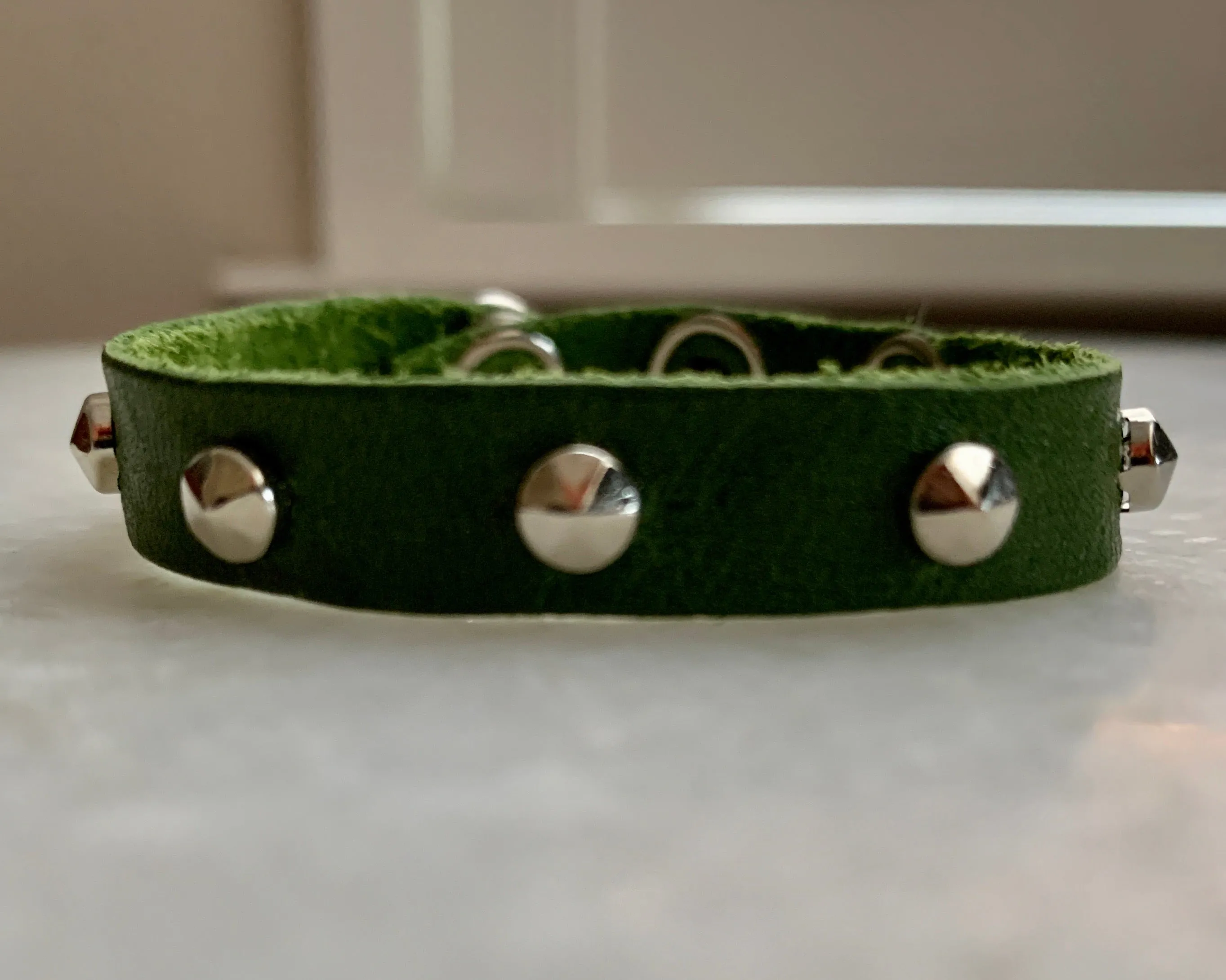 Green Leather Bracelet w/Silver Studs