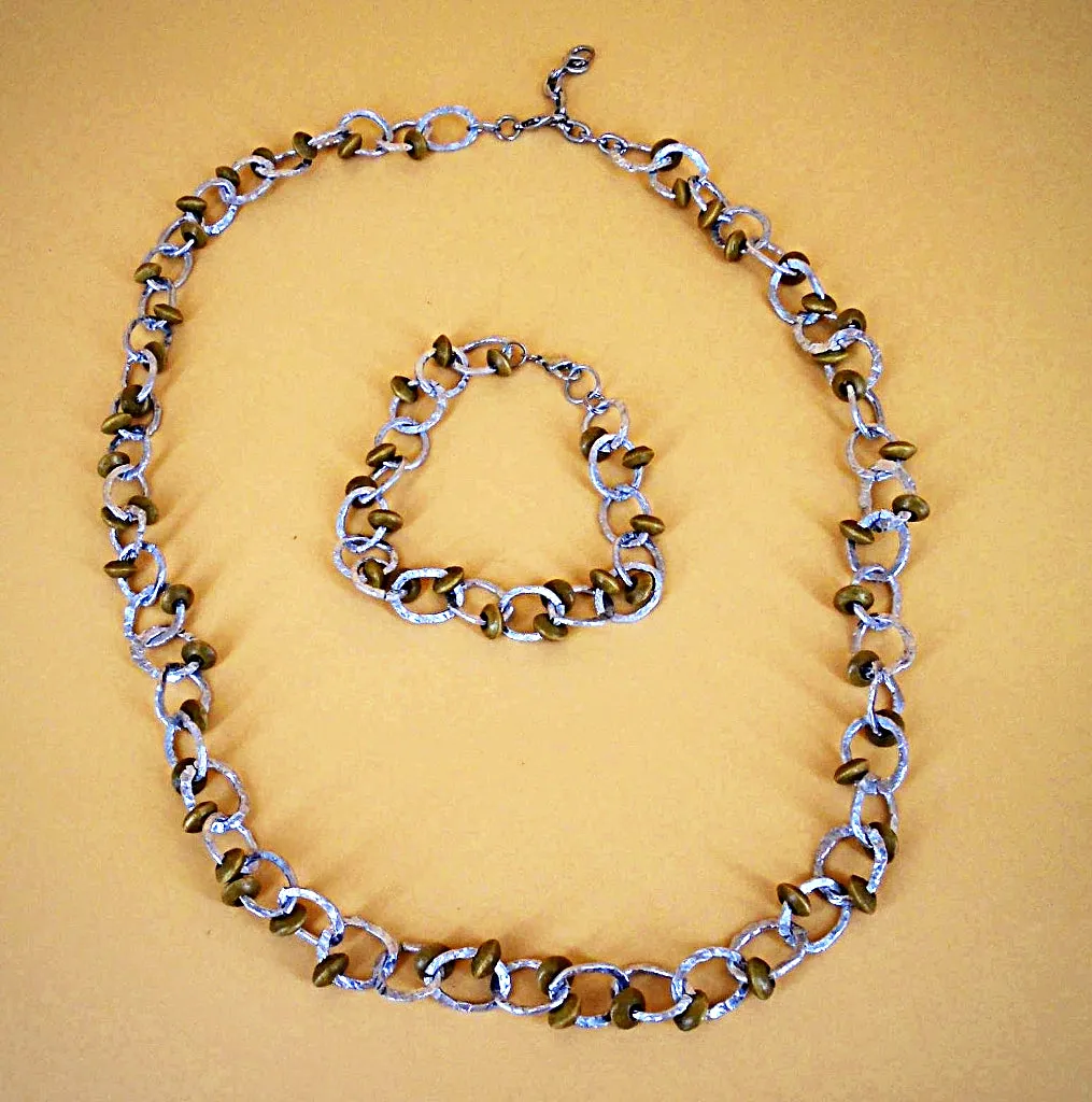 Handmade Altered Aluminum Necklace and Bracelet Set – Unique Design with Wooden Beads
