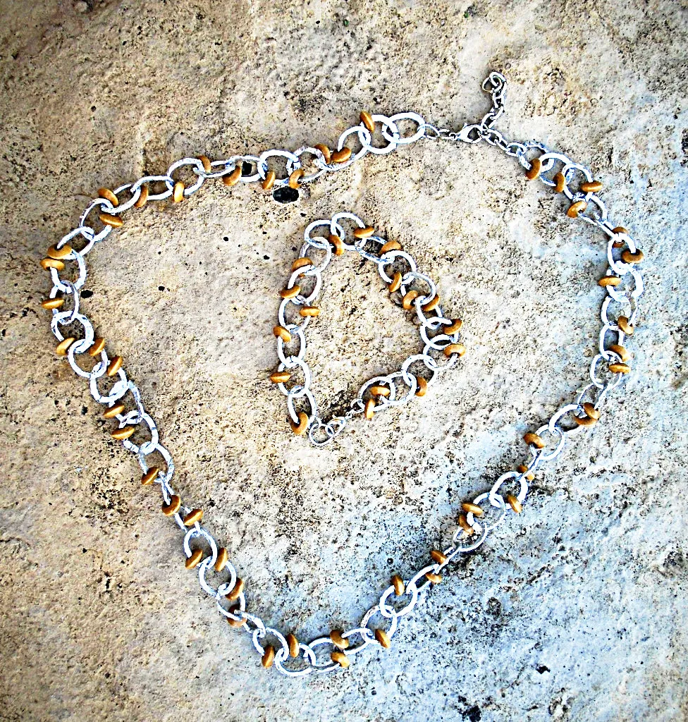 Handmade Altered Aluminum Necklace and Bracelet Set – Unique Design with Wooden Beads