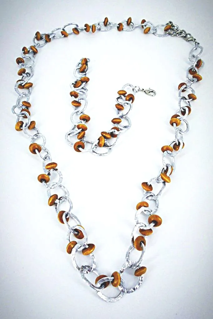 Handmade Altered Aluminum Necklace and Bracelet Set – Unique Design with Wooden Beads