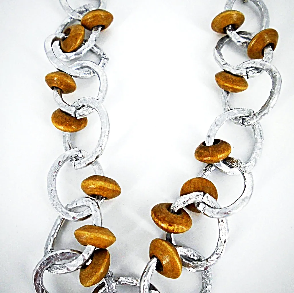 Handmade Altered Aluminum Necklace and Bracelet Set – Unique Design with Wooden Beads