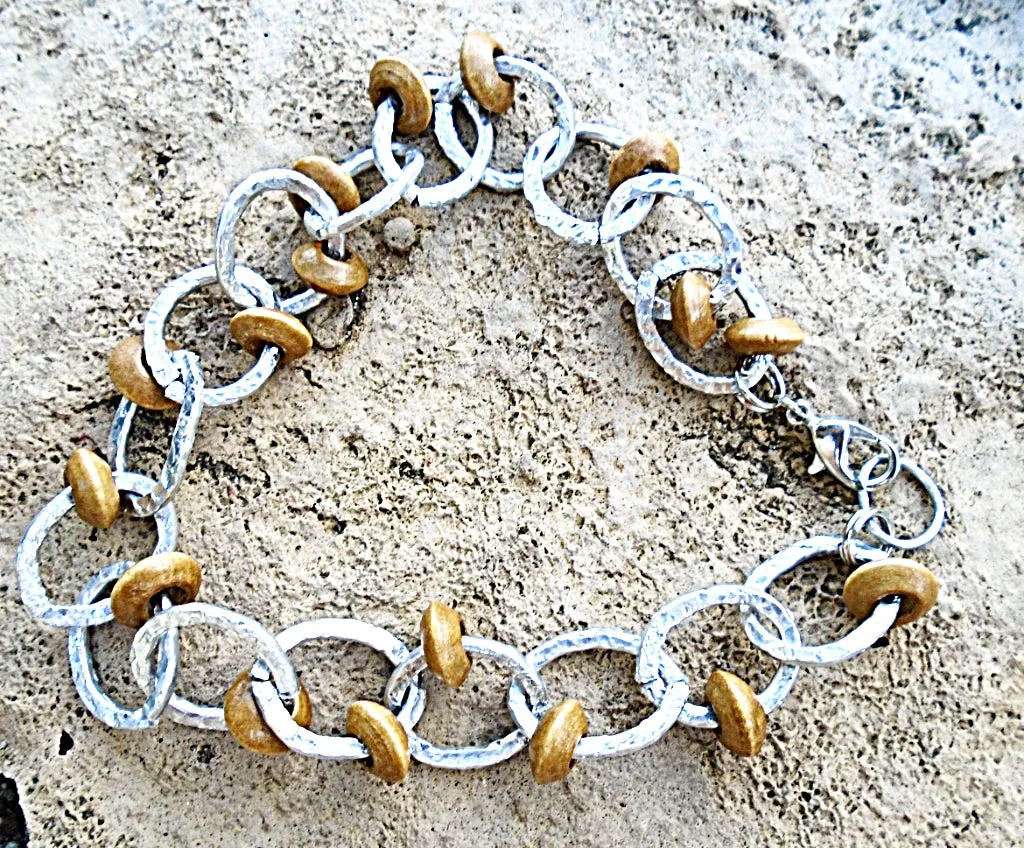 Handmade Altered Aluminum Necklace and Bracelet Set – Unique Design with Wooden Beads