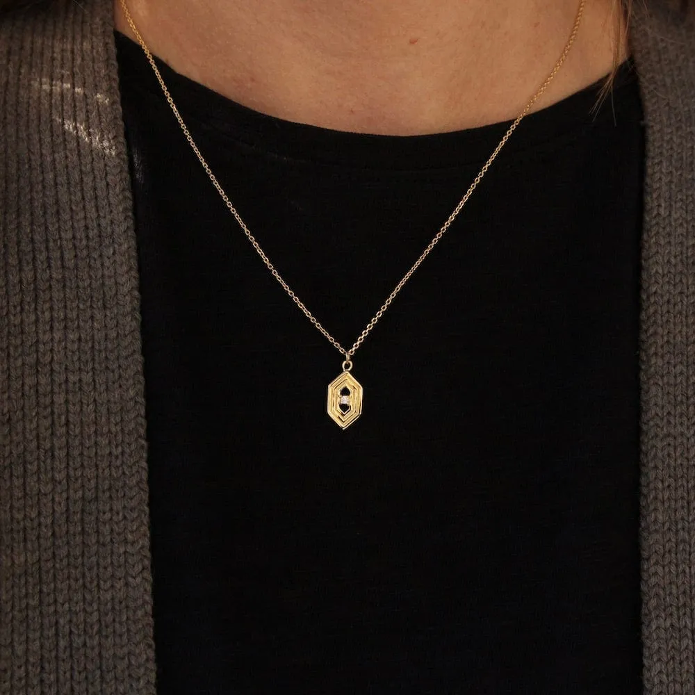 Hex with ridges and CZ  Necklace - Gold Vermeil