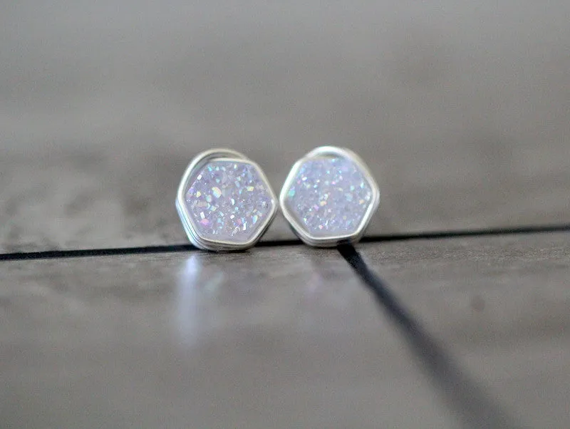 Hexagon Druzy Studs - Cottontail
