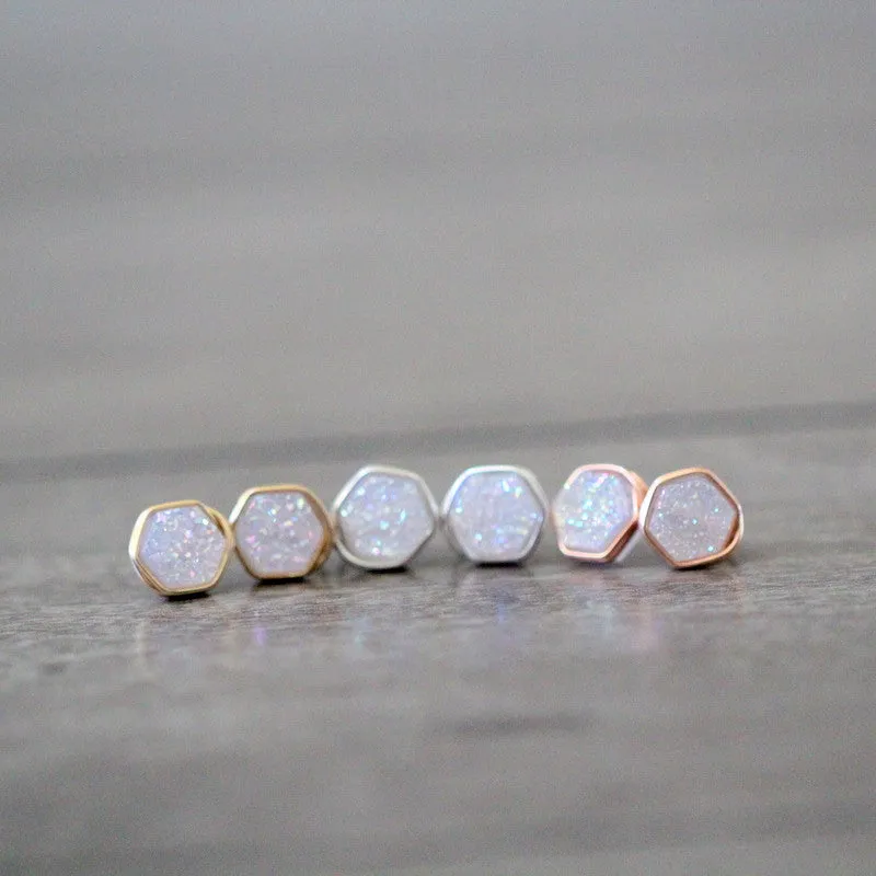 Hexagon Druzy Studs - Cottontail