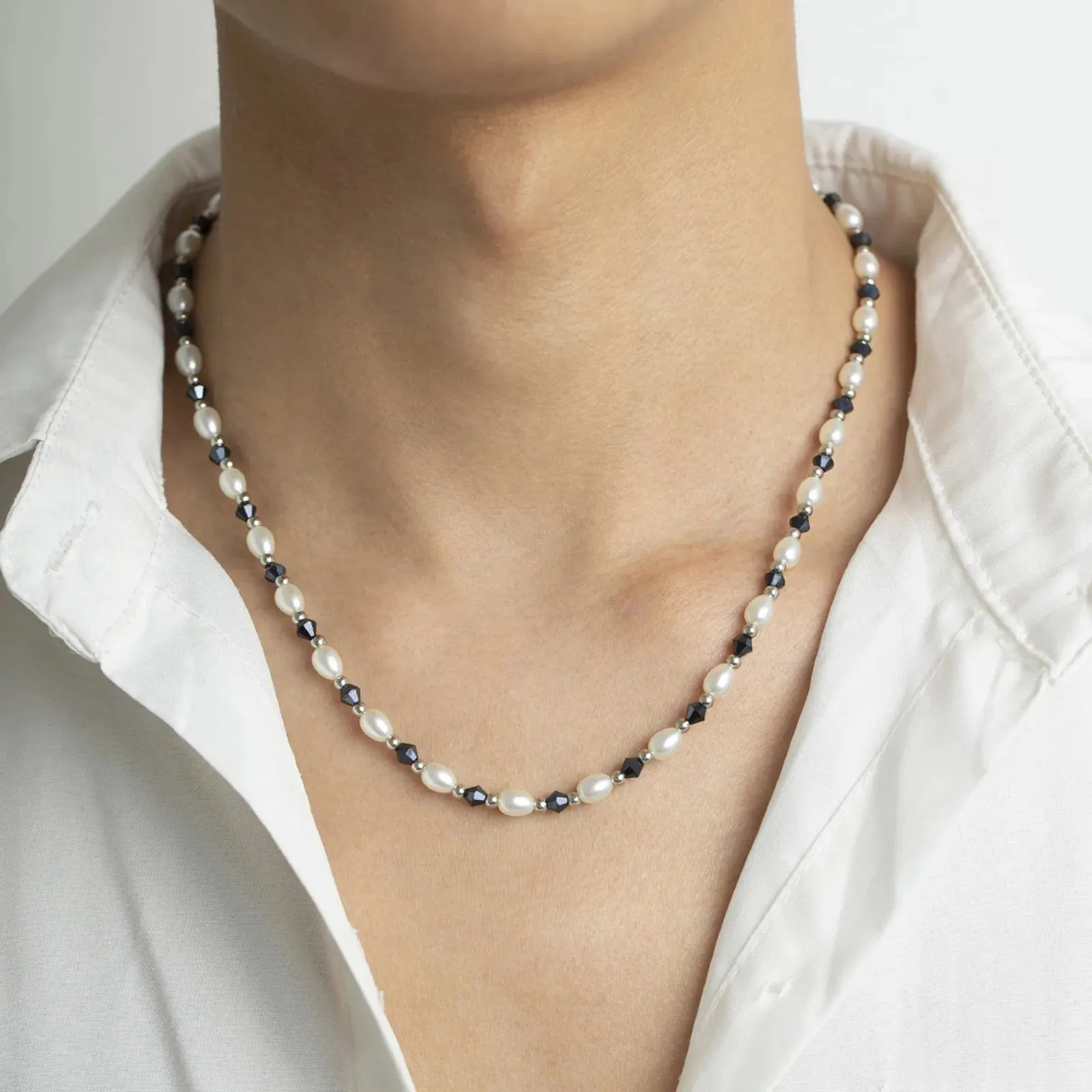 Hiphop Beaded Necklaces for Men Boys,Simple Handmade Simulated Pearl Collar