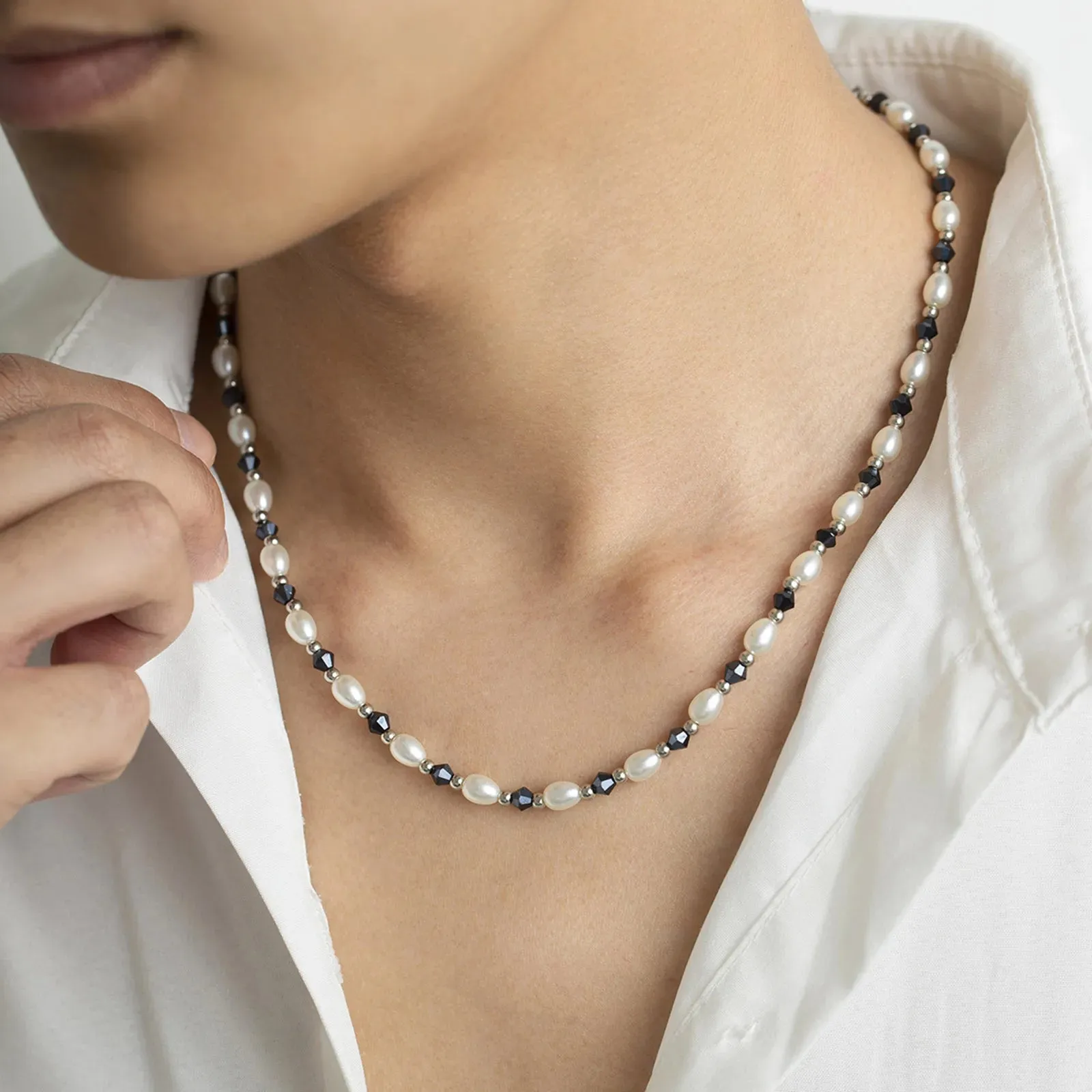 Hiphop Beaded Necklaces for Men Boys,Simple Handmade Simulated Pearl Collar