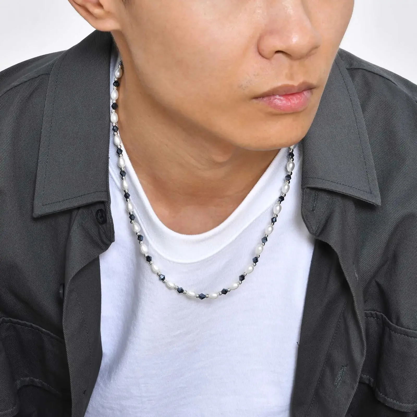 Hiphop Beaded Necklaces for Men Boys,Simple Handmade Simulated Pearl Collar