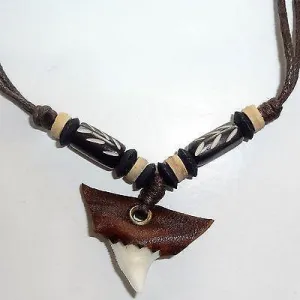 Imitation Resin Shark Tooth Pendant Wood Beads Brown Cord Chain Necklace Mens Womens Girls Boys Jewellery