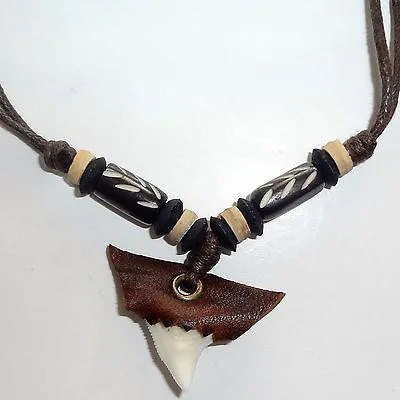 Imitation Resin Shark Tooth Pendant Wood Beads Brown Cord Chain Necklace Mens Womens Girls Boys Jewellery