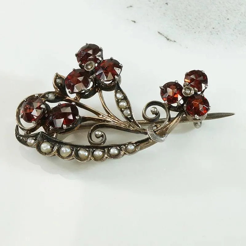 Jaunty Little Garnet & Pearl Nosegay Brooch