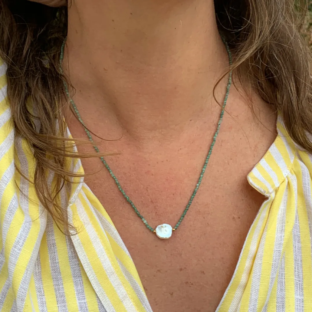 Keshi Pearl with Emerald beaded necklace