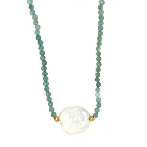 Keshi Pearl with Emerald beaded necklace