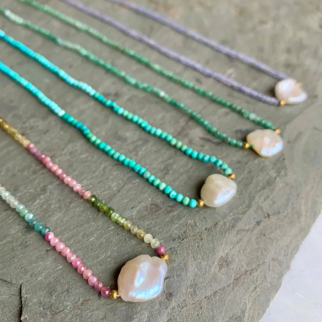 Keshi Pearl with Emerald beaded necklace