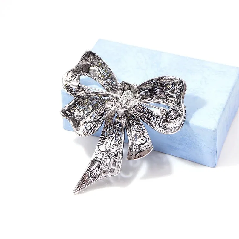 Lavish Rhinestone Bejeweled Bow Design Brooch Pin
