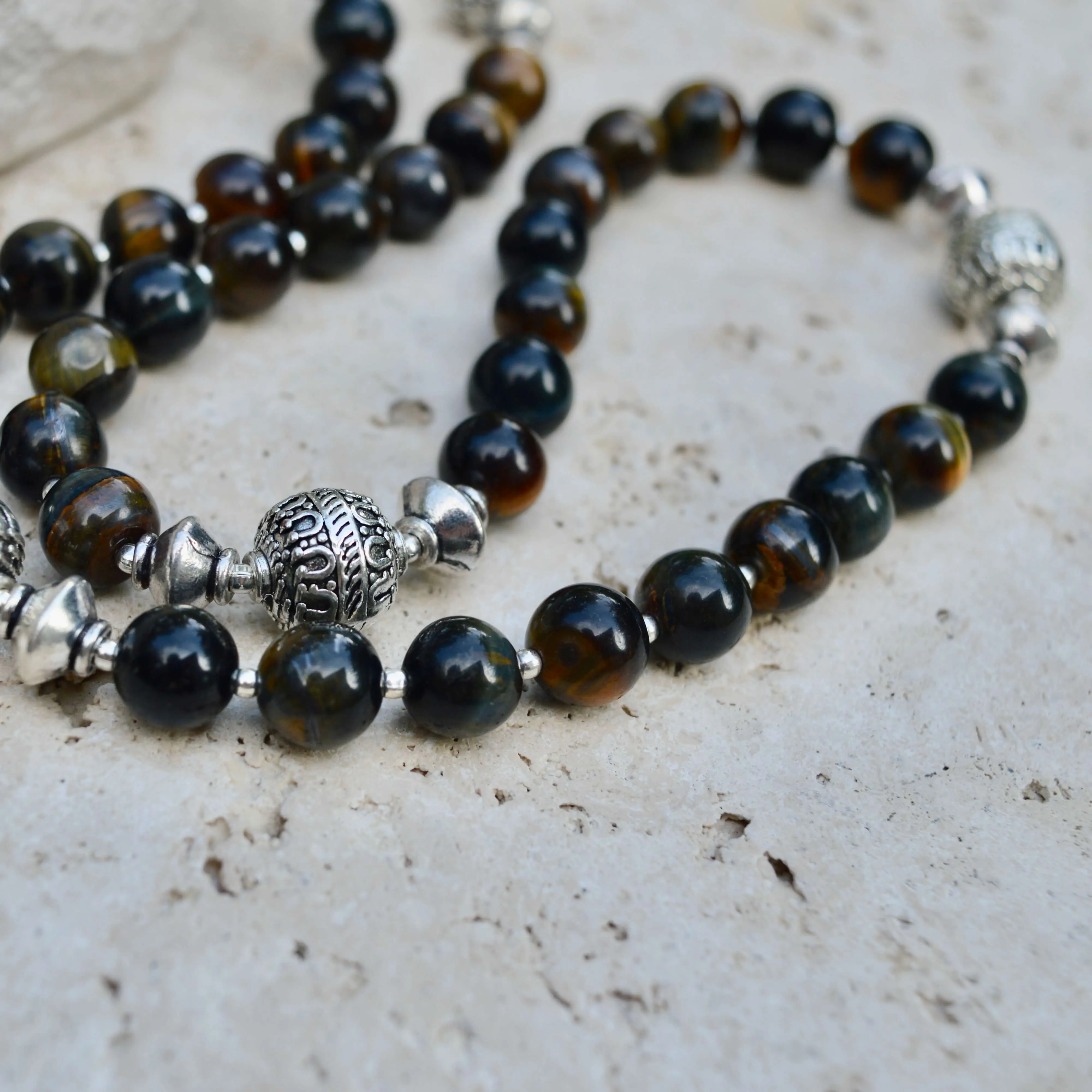 LONG Brown Blue Tigers Eye & Silver BEADED NECKLACE