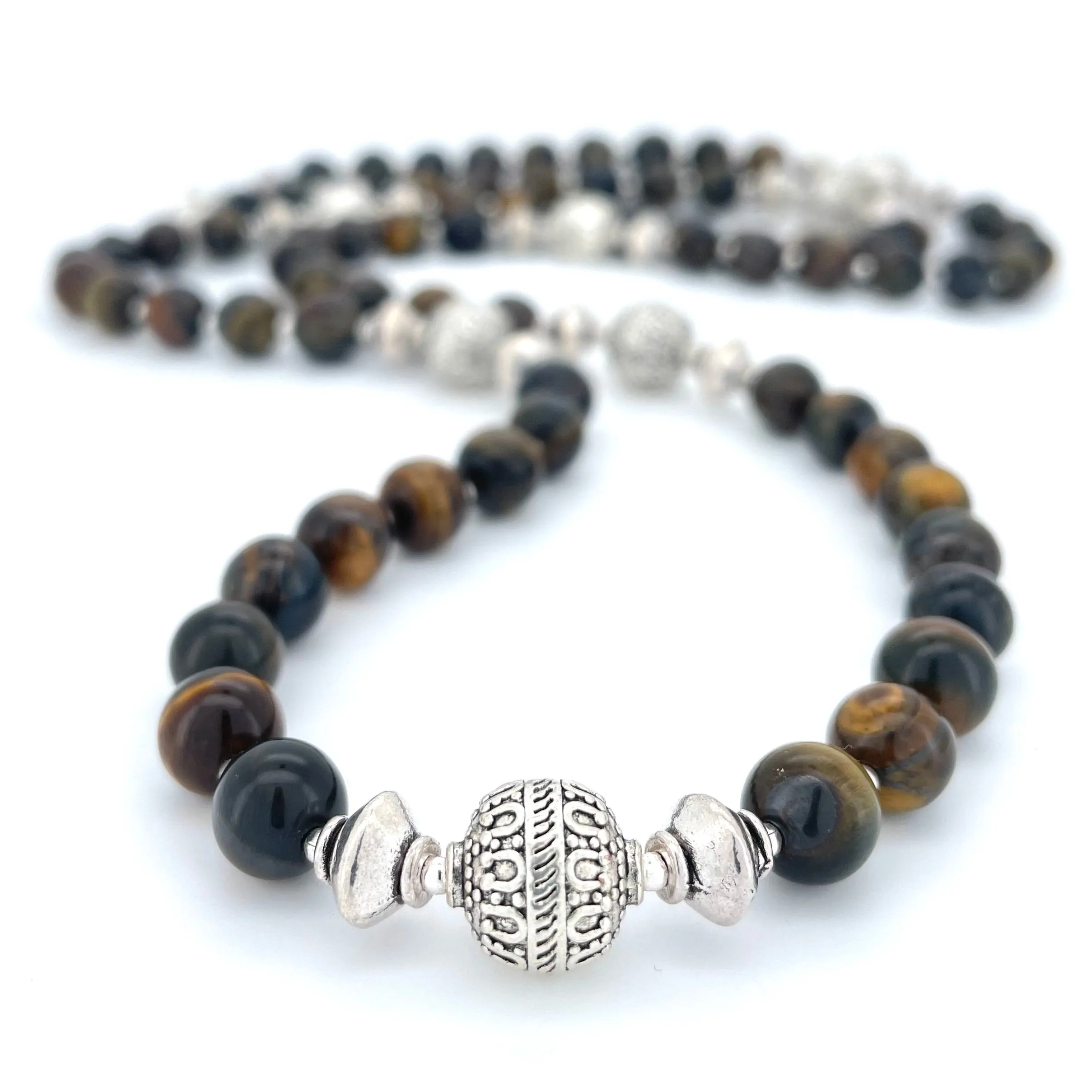 LONG Brown Blue Tigers Eye & Silver BEADED NECKLACE