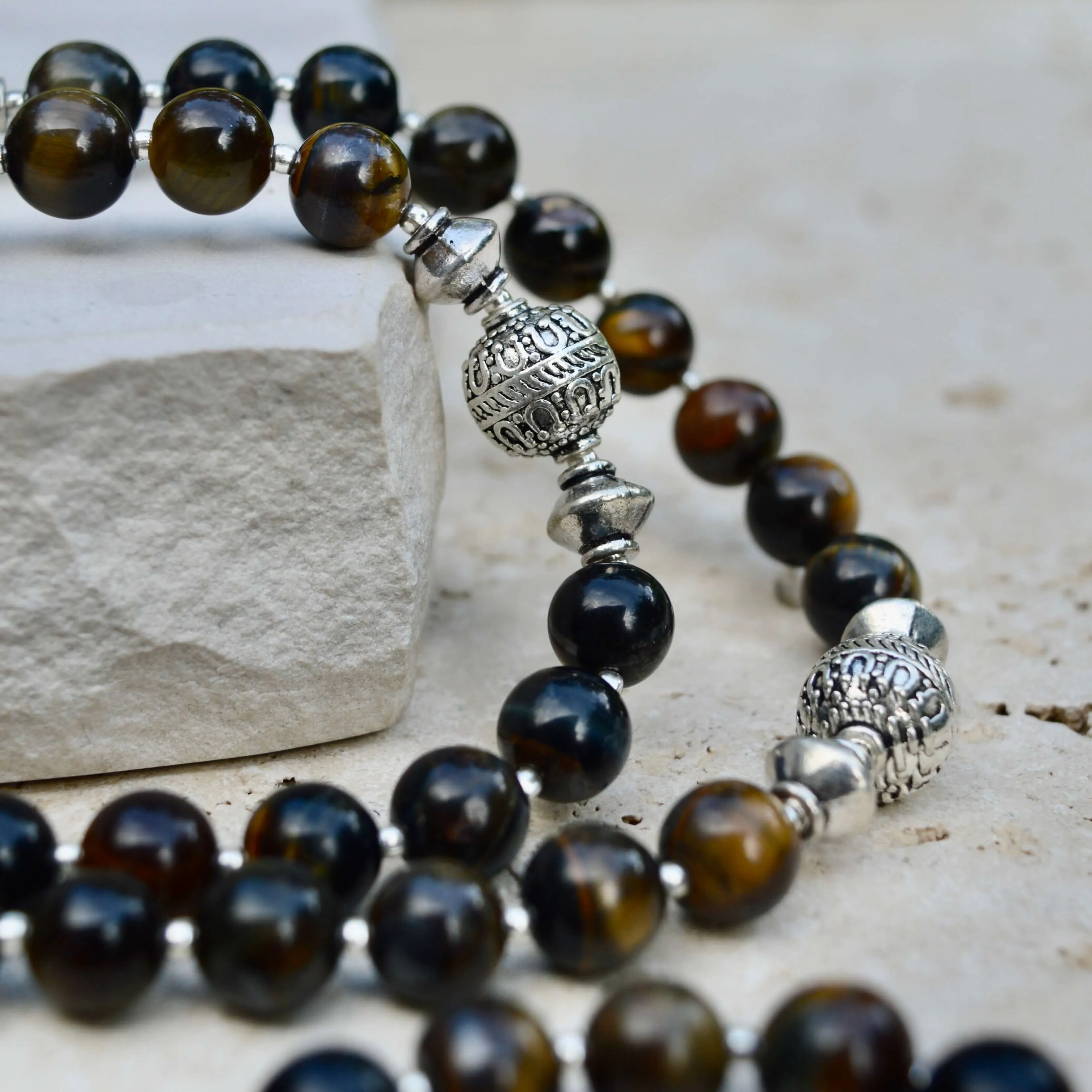 LONG Brown Blue Tigers Eye & Silver BEADED NECKLACE