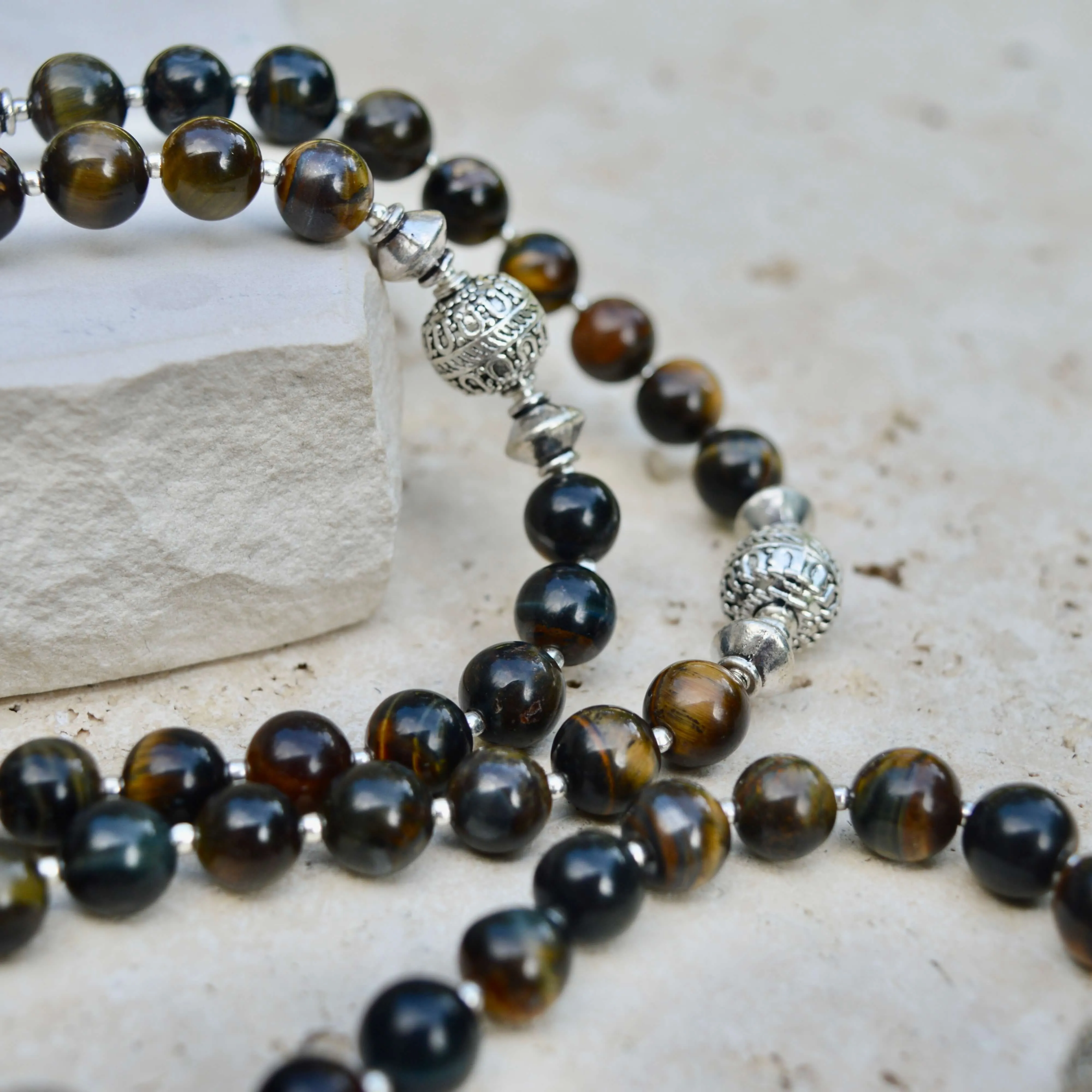 LONG Brown Blue Tigers Eye & Silver BEADED NECKLACE