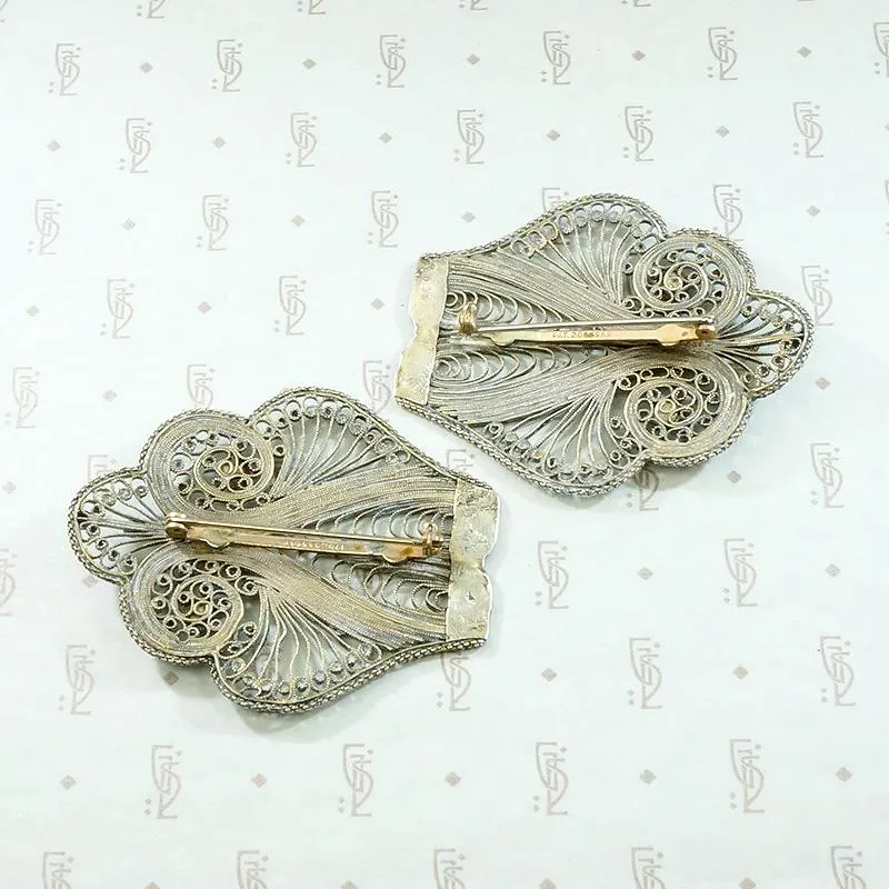 Matched Pair of Ornate Silver Filigree Brooches