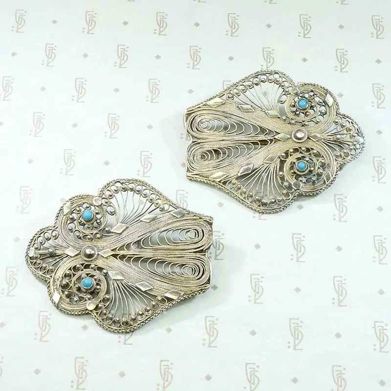 Matched Pair of Ornate Silver Filigree Brooches