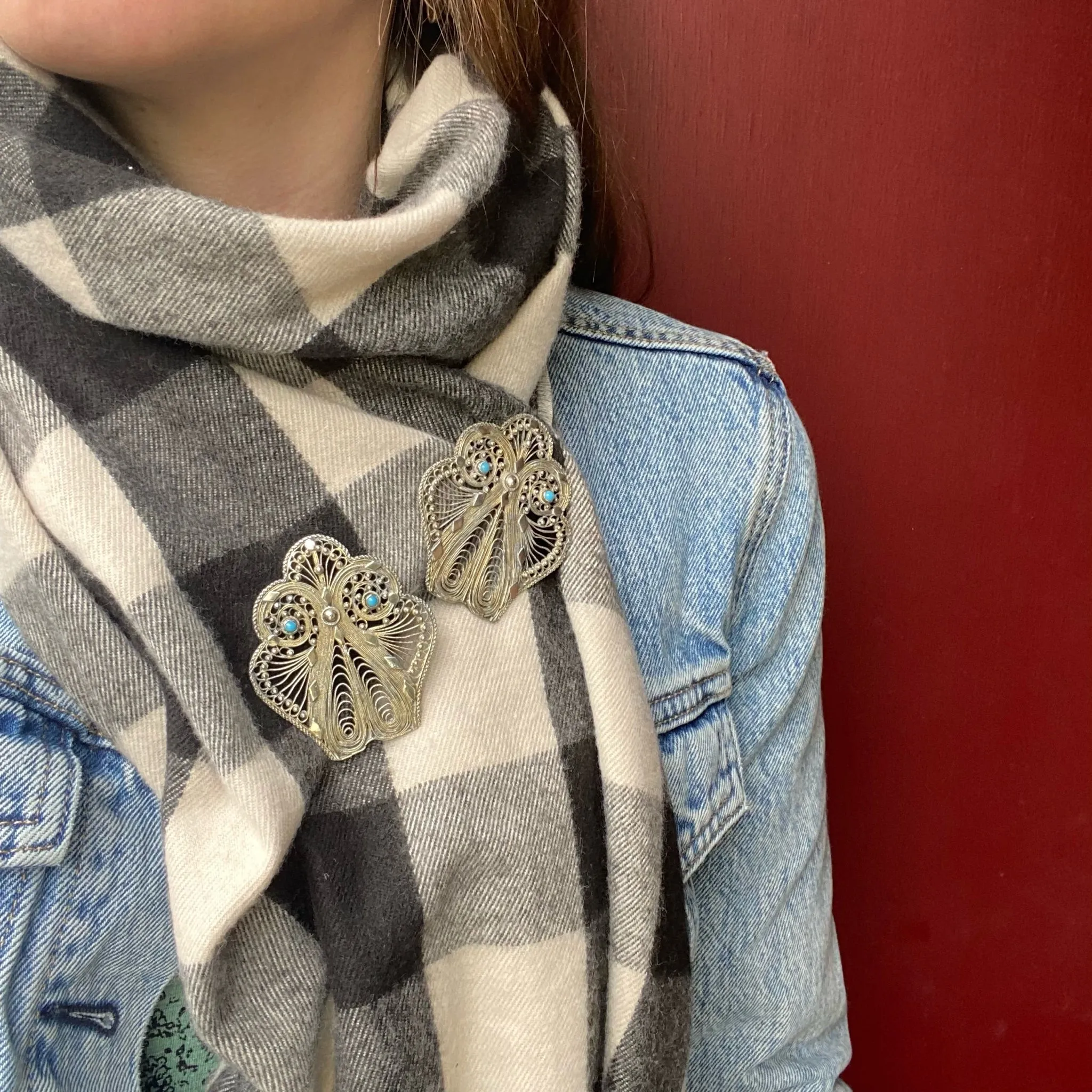 Matched Pair of Ornate Silver Filigree Brooches