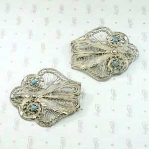 Matched Pair of Ornate Silver Filigree Brooches