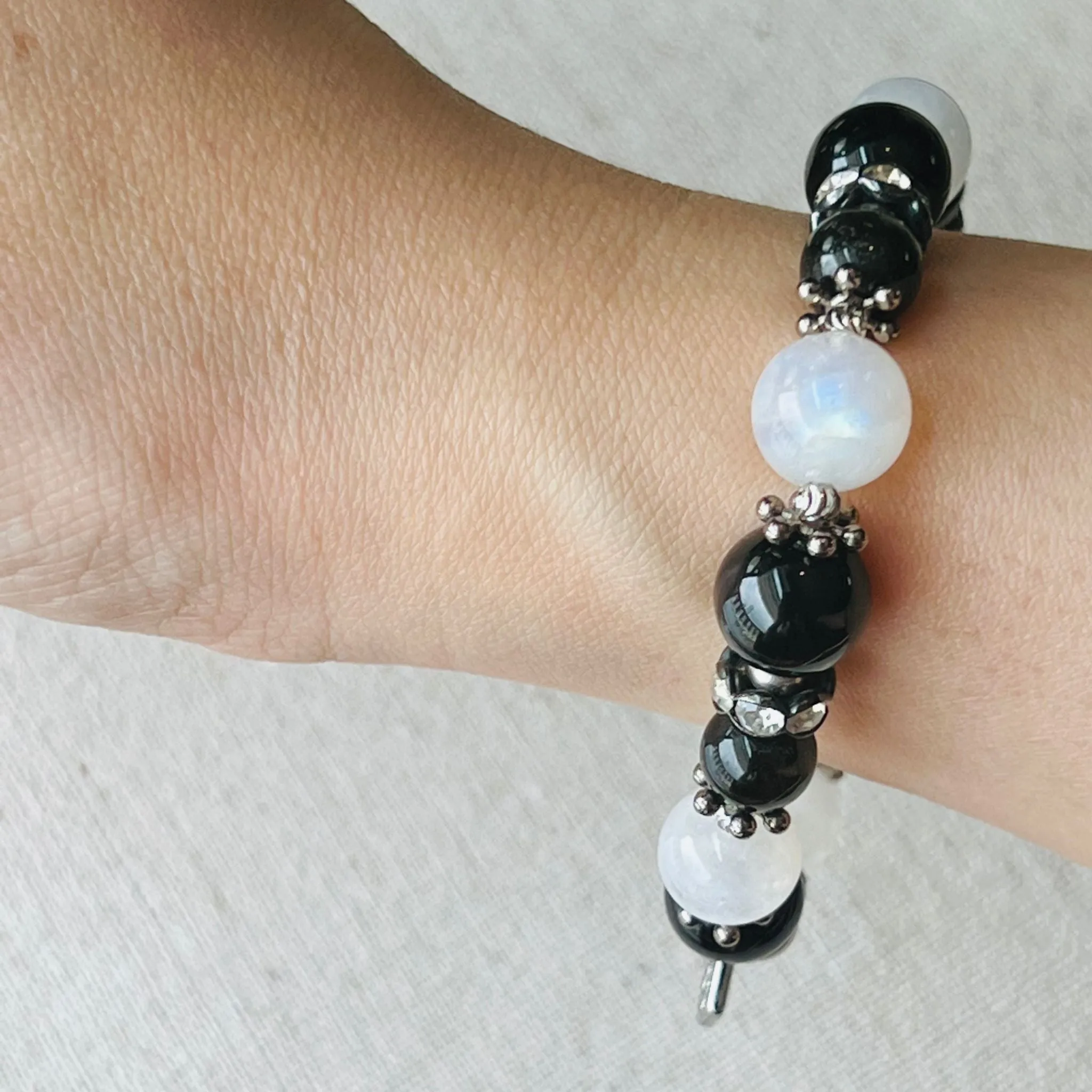 Moonstone, Gold Sheen Obsidian & Black Onyx Bracelet