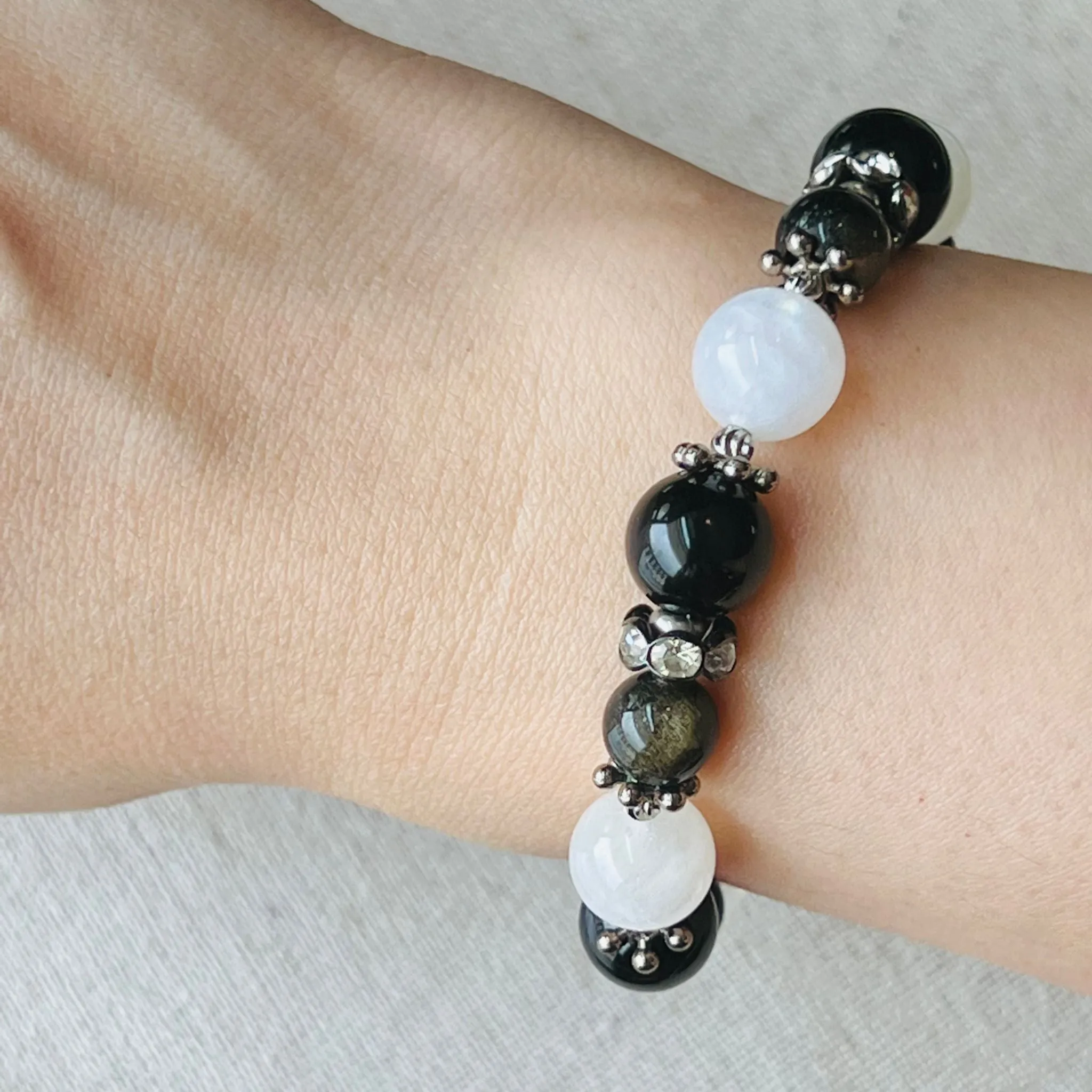 Moonstone, Gold Sheen Obsidian & Black Onyx Bracelet