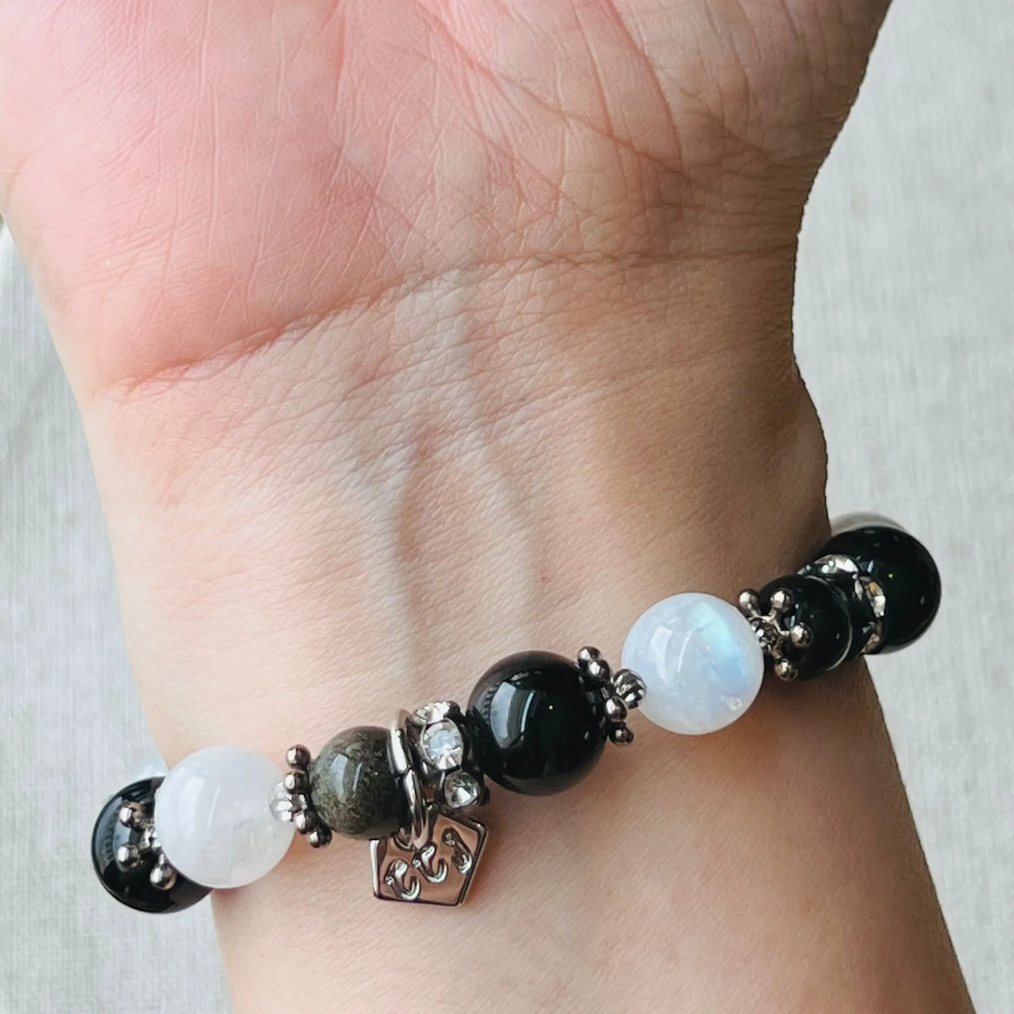 Moonstone, Gold Sheen Obsidian & Black Onyx Bracelet