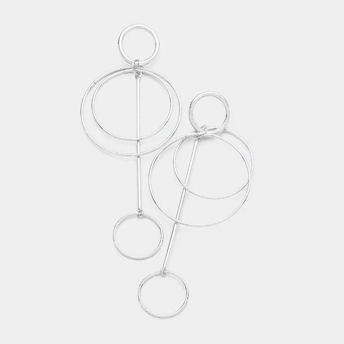 Oversized Brass Geo Layered Metal Hoop Link Dangle Earrings Silver Tone