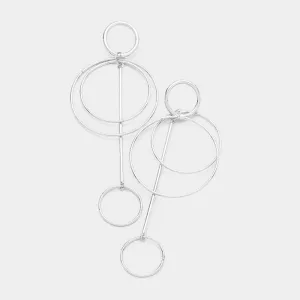 Oversized Brass Geo Layered Metal Hoop Link Dangle Earrings Silver Tone
