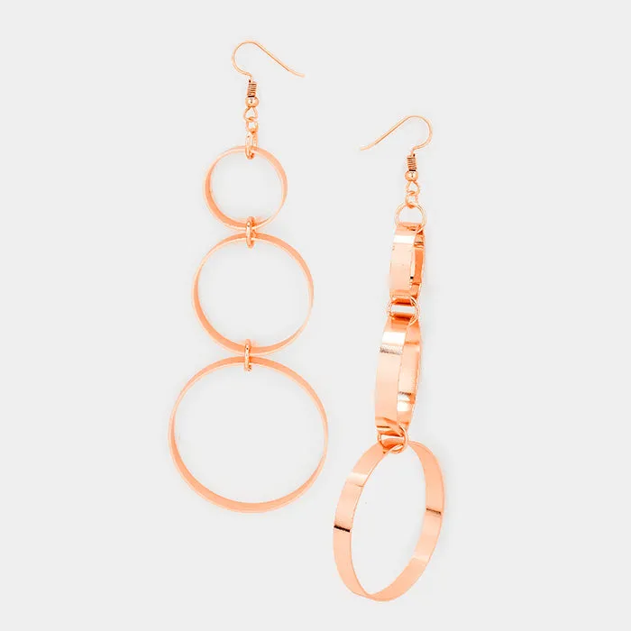 Oversized Triple Circle Metal Hoop Dangle Earrings Rose Gold Tone