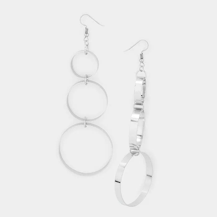 Oversized Triple Circle Metal Hoop Dangle Earrings Silver Tone